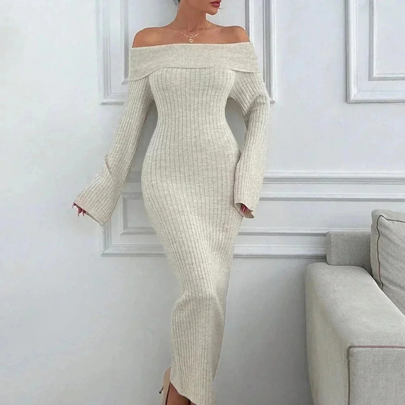 Apricot Elegant Women's Off Shoulder Sweater Maxi Dress - Picture 7 of 7